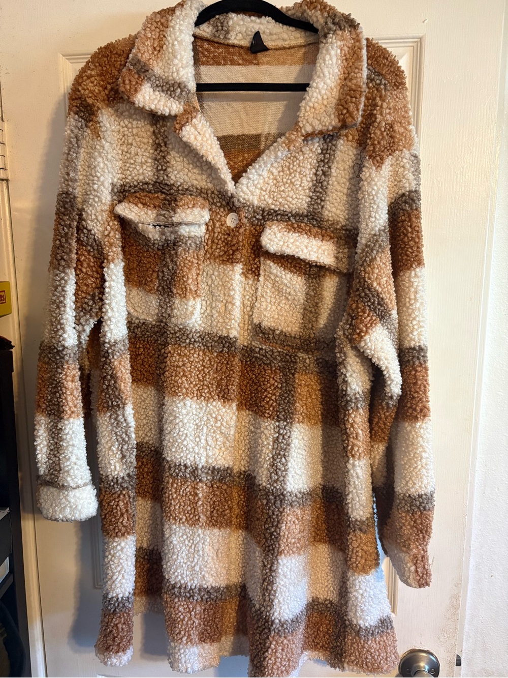 SHEIN Brown & Cream Plaid Teddy Shacket